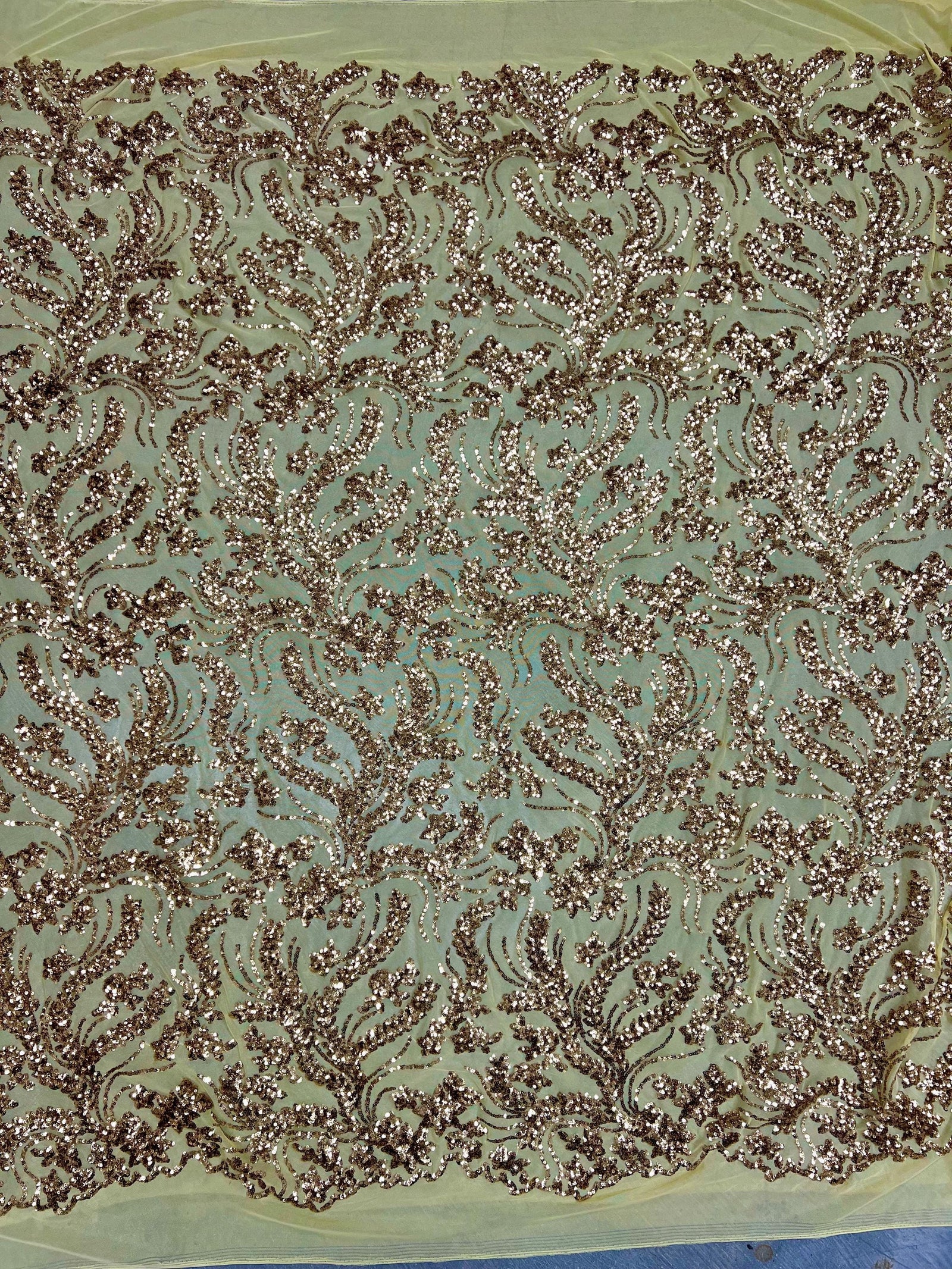 Erin GOLD Flowers and Leaves Sequins on Mesh Lace Fabric by the Yard - 10063