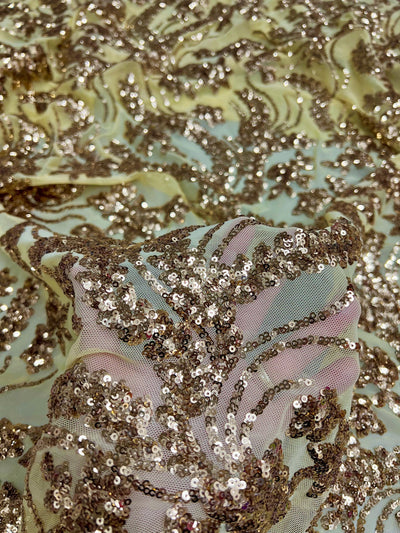 Erin GOLD Flowers and Leaves Sequins on Mesh Lace Fabric by the Yard - 10063
