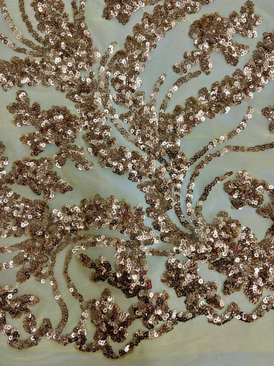 Erin GOLD Flowers and Leaves Sequins on Mesh Lace Fabric by the Yard - 10063
