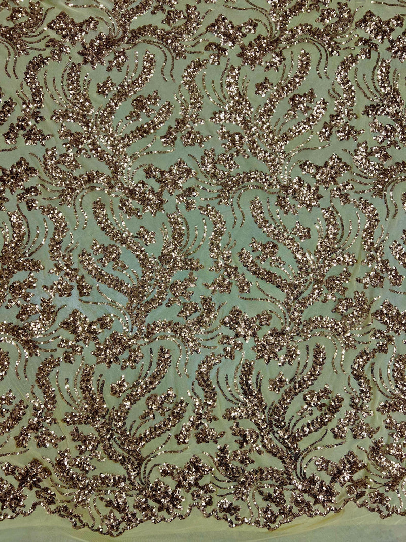Erin GOLD Flowers and Leaves Sequins on Mesh Lace Fabric by the Yard - 10063