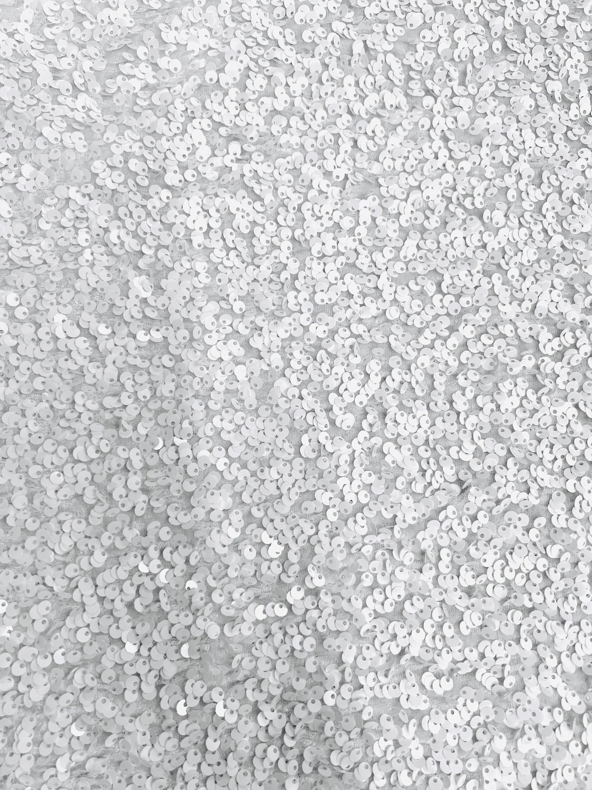 Stephanie WHITE Overlap Sequins on WHITE Stretch Velvet Fabric by the Yard for Gowns, Apparel, Costumes, Crafts - 10185