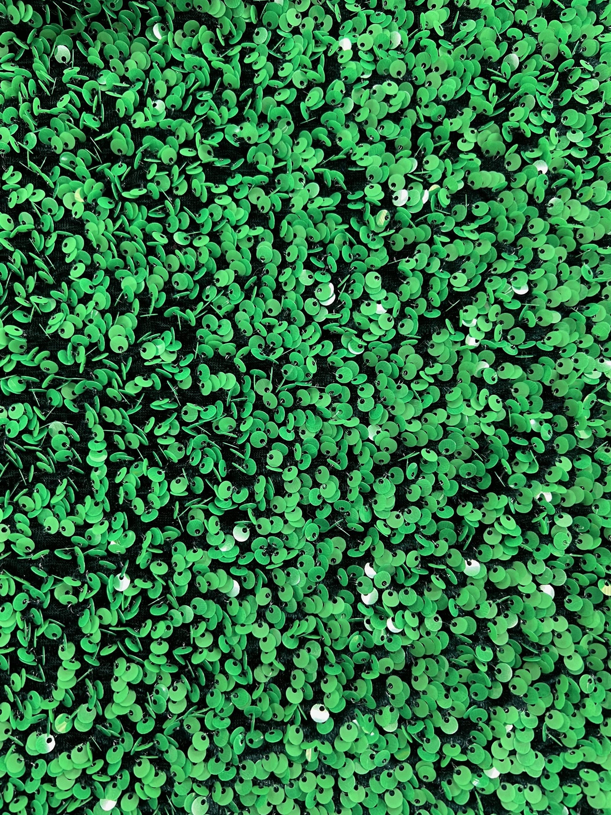 Stephanie GREEN Overlap Sequins on HUNTER GREEN Stretch Velvet Fabric by the Yard for Gowns, Apparel, Costumes, Crafts - 10185