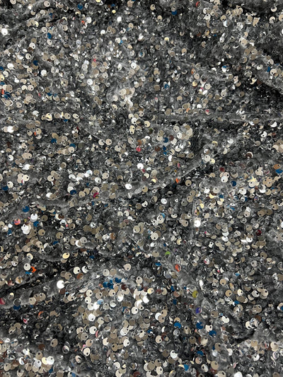 Stephanie SILVER Overlap Sequins on GREY Stretch Velvet Fabric by the Yard for Gowns, Apparel, Costumes, Crafts - 10185