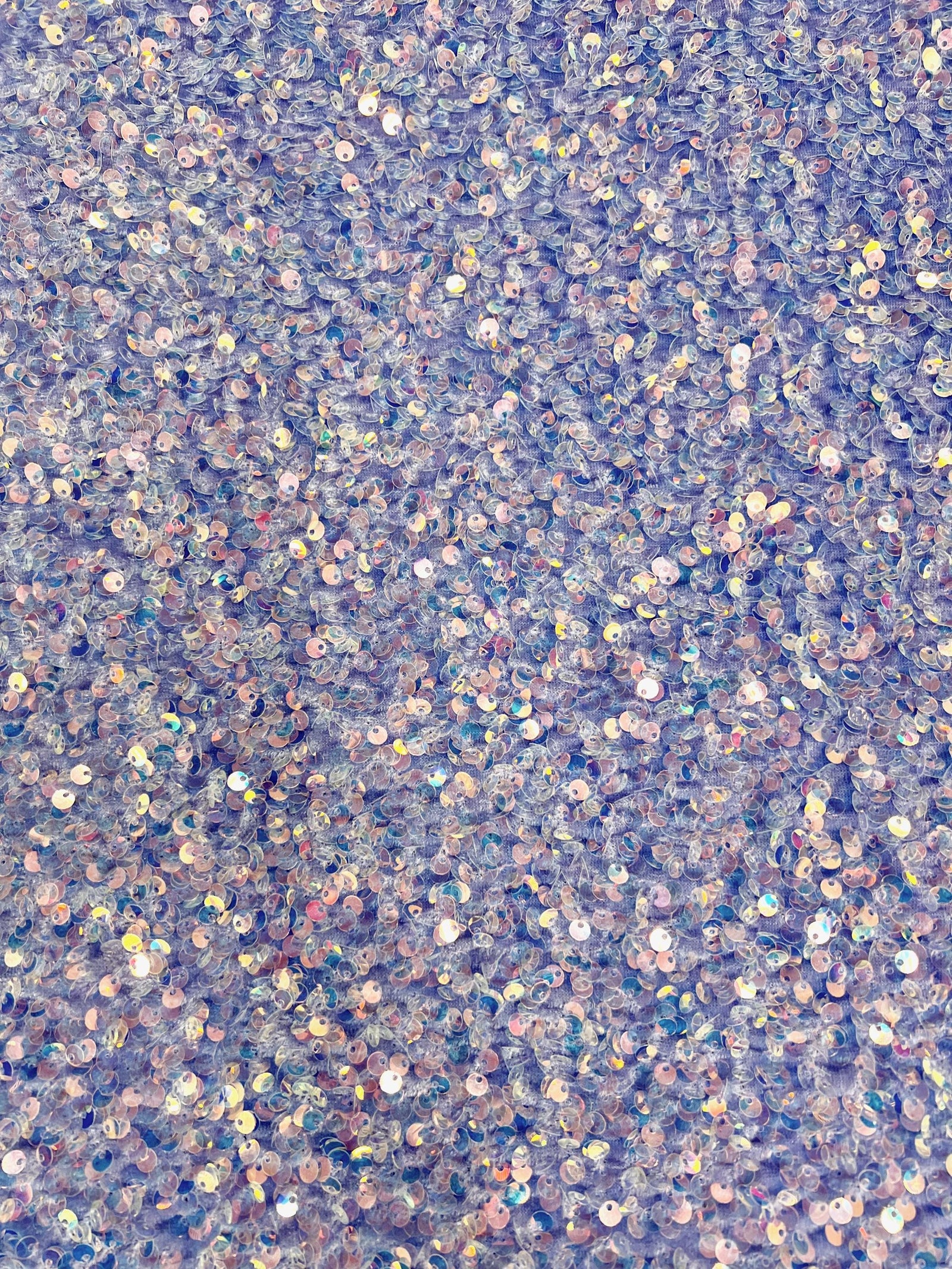 Stephanie IRIDESCENT LILAC Overlap Sequins on LAVENDER Stretch Velvet Fabric for Gowns, Apparel, Costumes, Crafts
