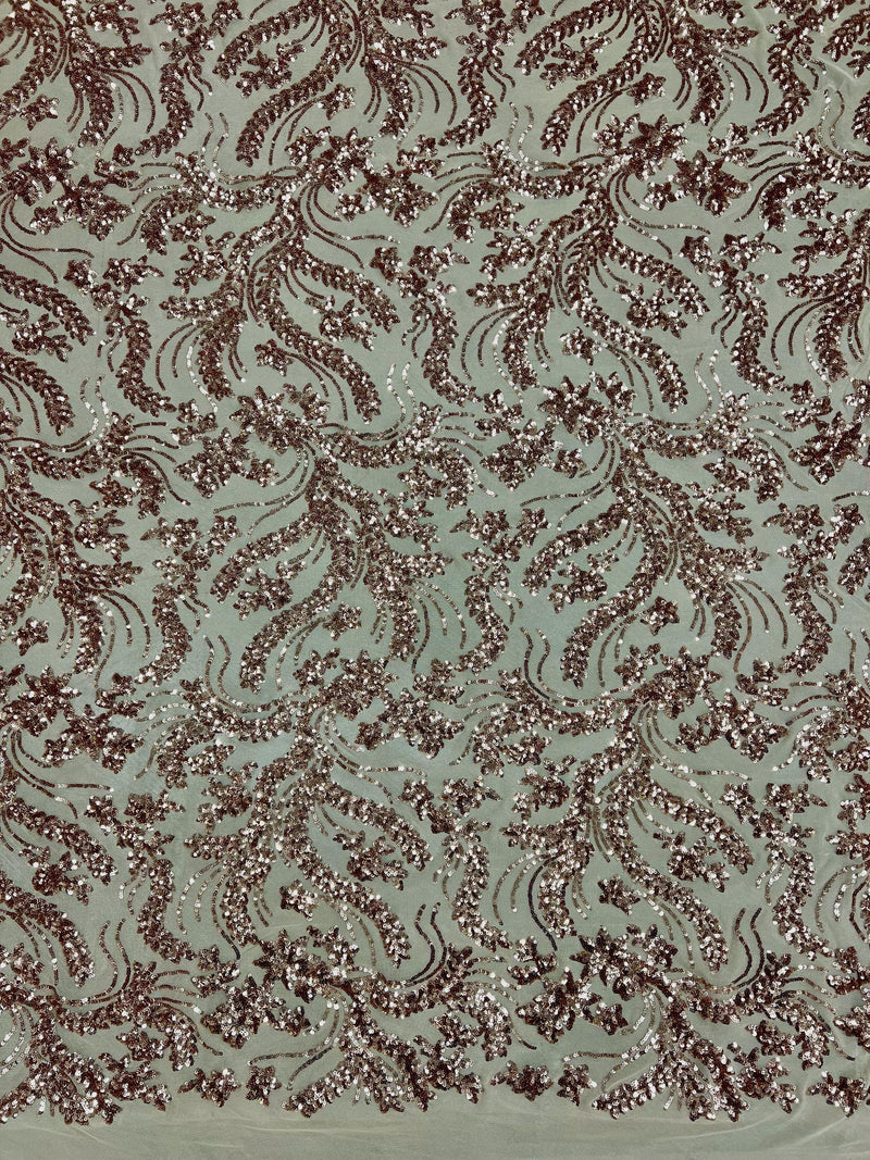 Erin COPPER Flowers and Leaves Sequins on Mesh Lace Fabric by the Yard - 10063