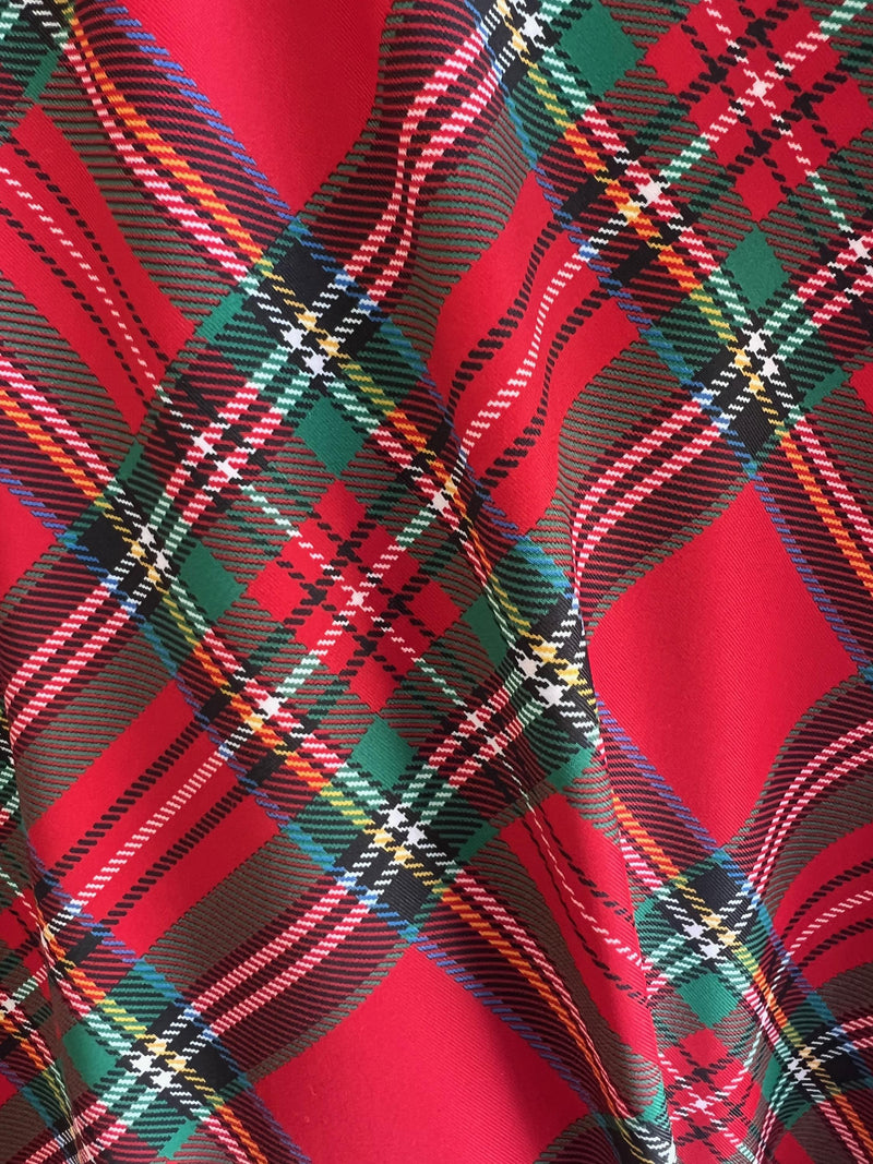 Clementine RED GREEN Plaid Printed Polyester Spandex 4-way Stretch Medium Weight Fabric for Apparel, Swimwear, Activewear, Costumes, Crafts