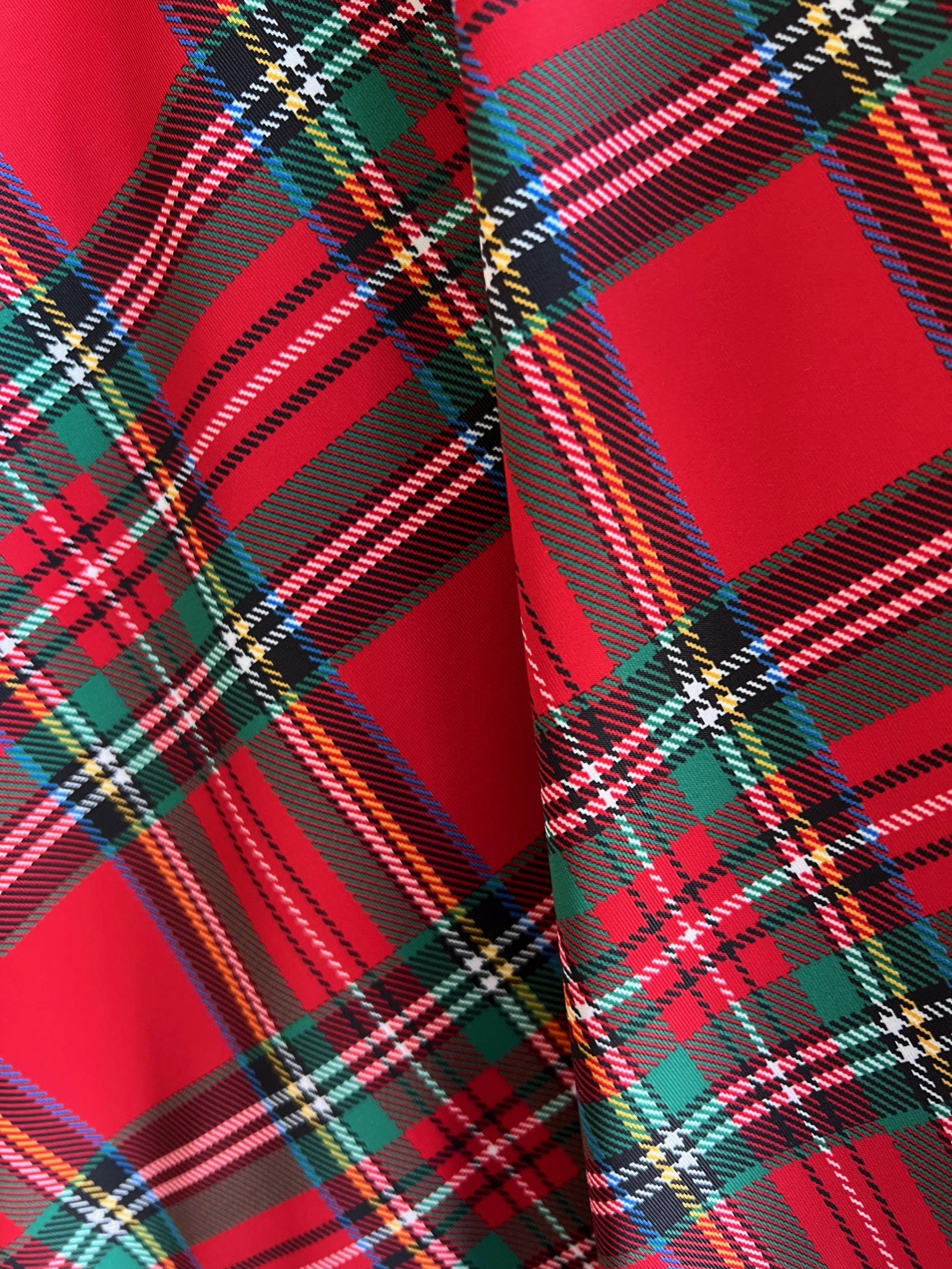 Clementine RED GREEN Plaid Printed Polyester Spandex 4-way Stretch Medium Weight Fabric for Apparel, Swimwear, Activewear, Costumes, Crafts