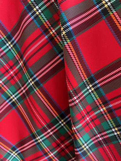 Clementine RED GREEN Plaid Printed Polyester Spandex 4-way Stretch Medium Weight Fabric for Apparel, Swimwear, Activewear, Costumes, Crafts