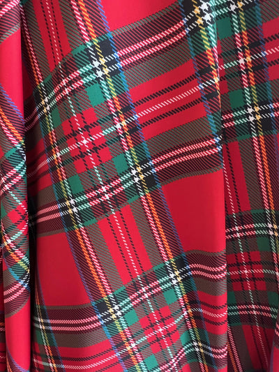 Clementine RED GREEN Plaid Printed Polyester Spandex 4-way Stretch Medium Weight Fabric for Apparel, Swimwear, Activewear, Costumes, Crafts