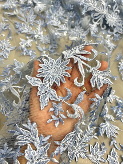 Lacey LIGHT BLUE Polyester 3D Floral Embroidery on Mesh Lace Fabric by the Yard - 10197