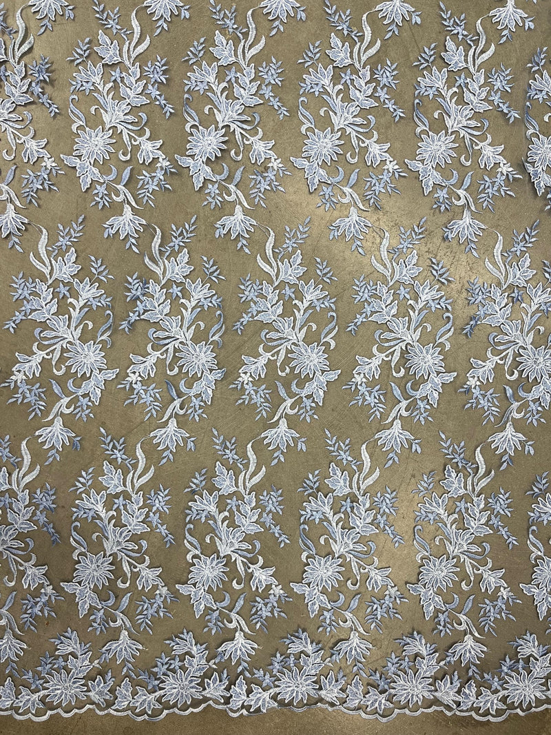 Lacey LIGHT BLUE Polyester 3D Floral Embroidery on Mesh Lace Fabric by the Yard - 10197