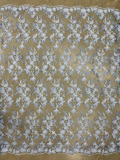 Lacey LIGHT BLUE Polyester 3D Floral Embroidery on Mesh Lace Fabric by the Yard - 10197