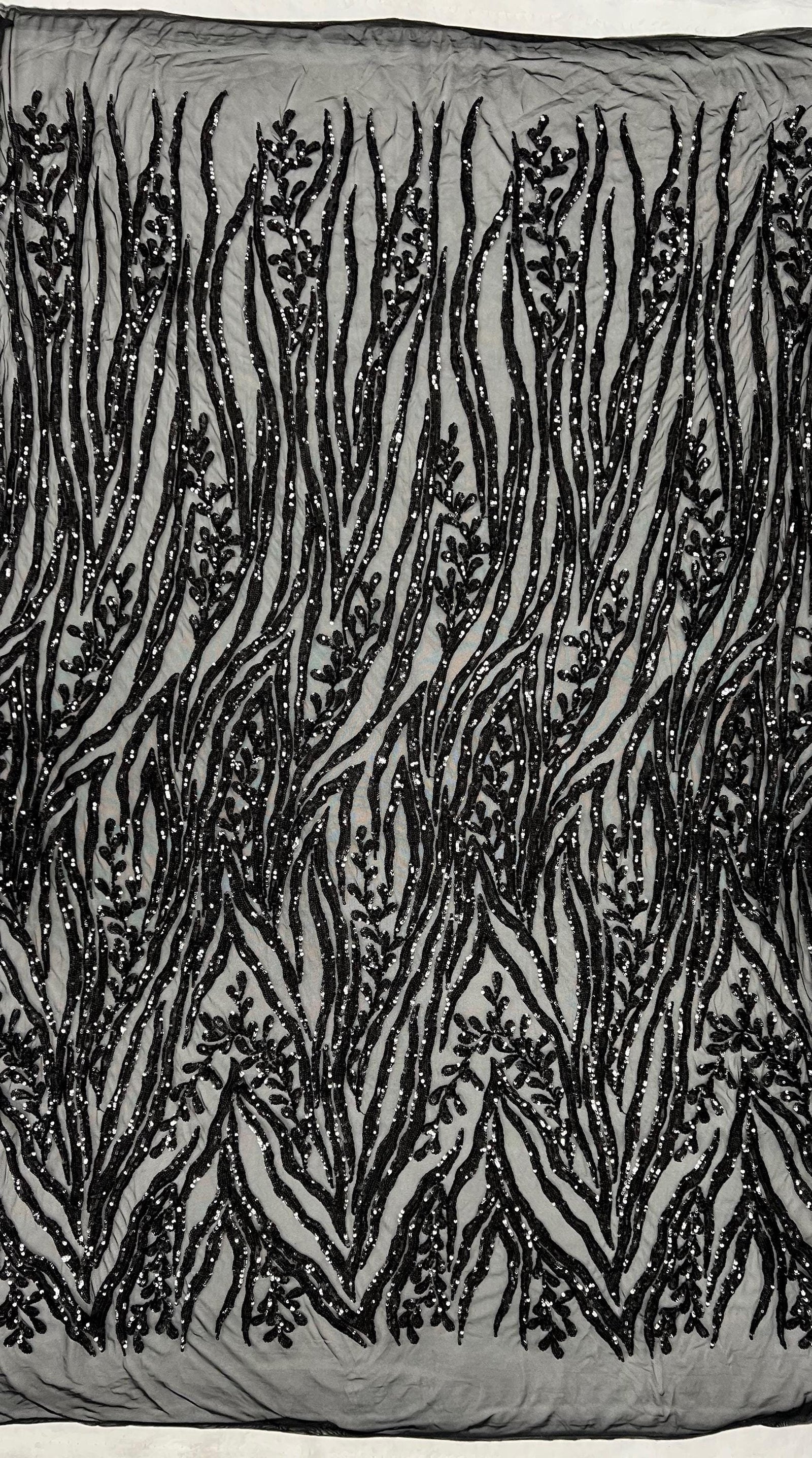 Willow BLACK Sequins on Stretch Mesh Lace Fabric by the Yard