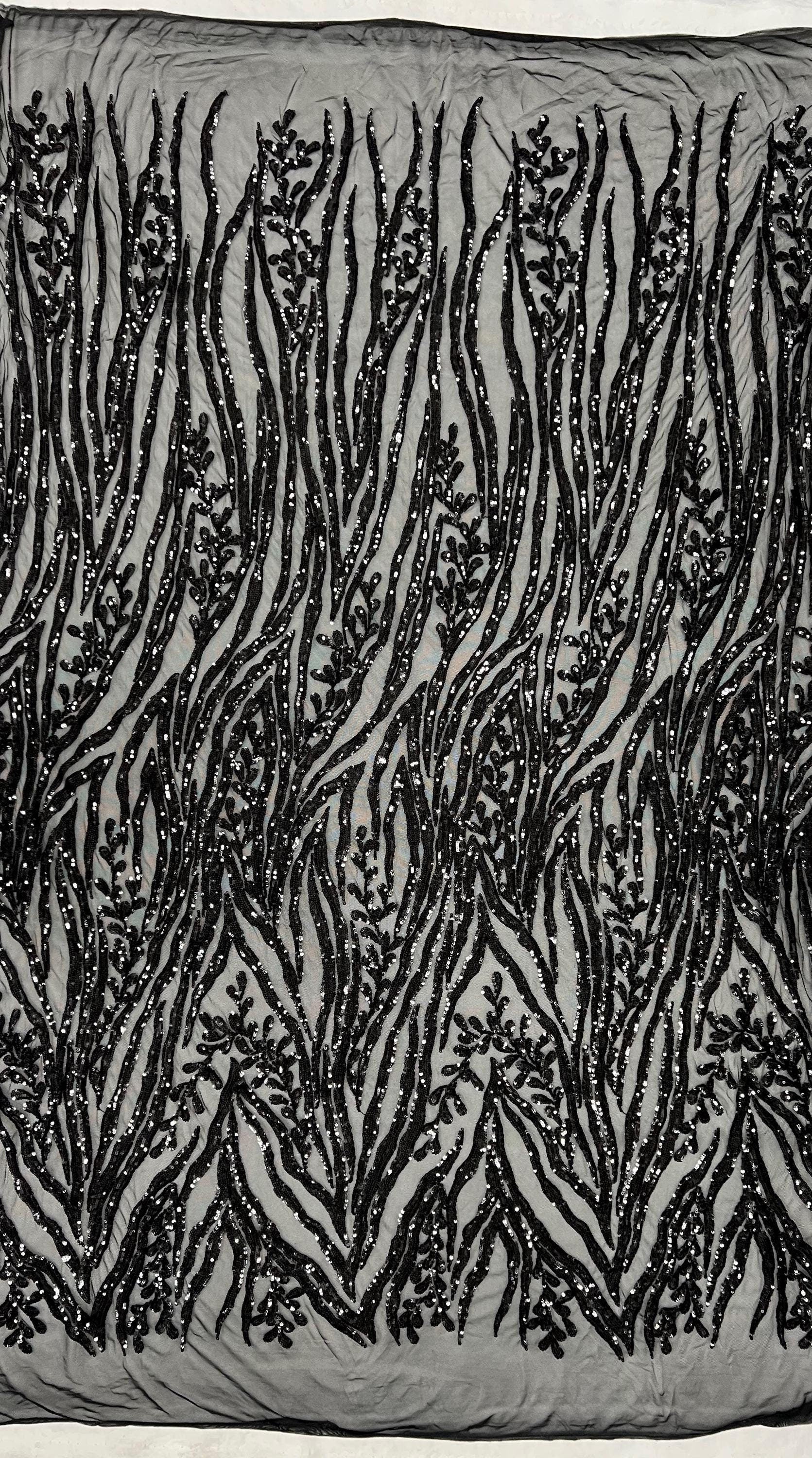 Willow BLACK Sequins on Stretch Mesh Lace Fabric by the Yard