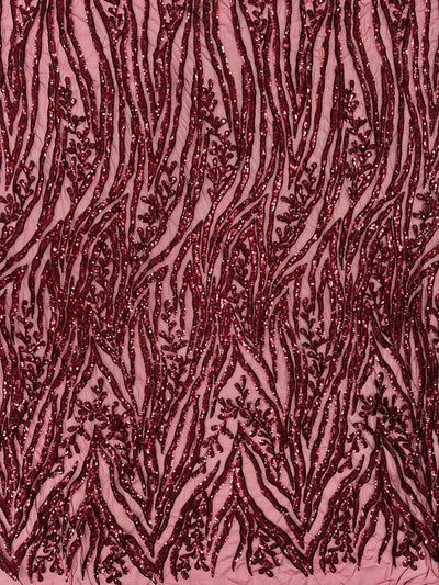 Willow BURGUNDY Sequins on Stretch Mesh Lace Fabric by the Yard