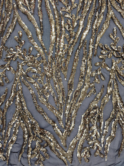 Willow GOLD Sequins on BLACK Stretch Mesh Lace Fabric by the Yard