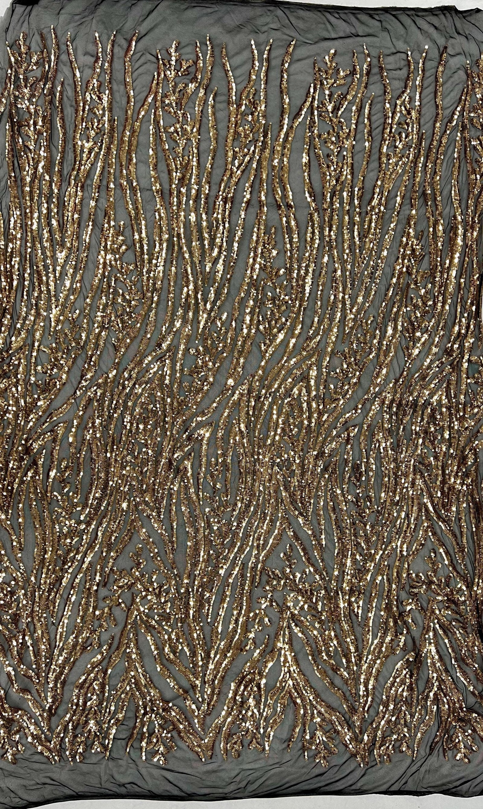 Willow GOLD Sequins on BLACK Stretch Mesh Lace Fabric by the Yard