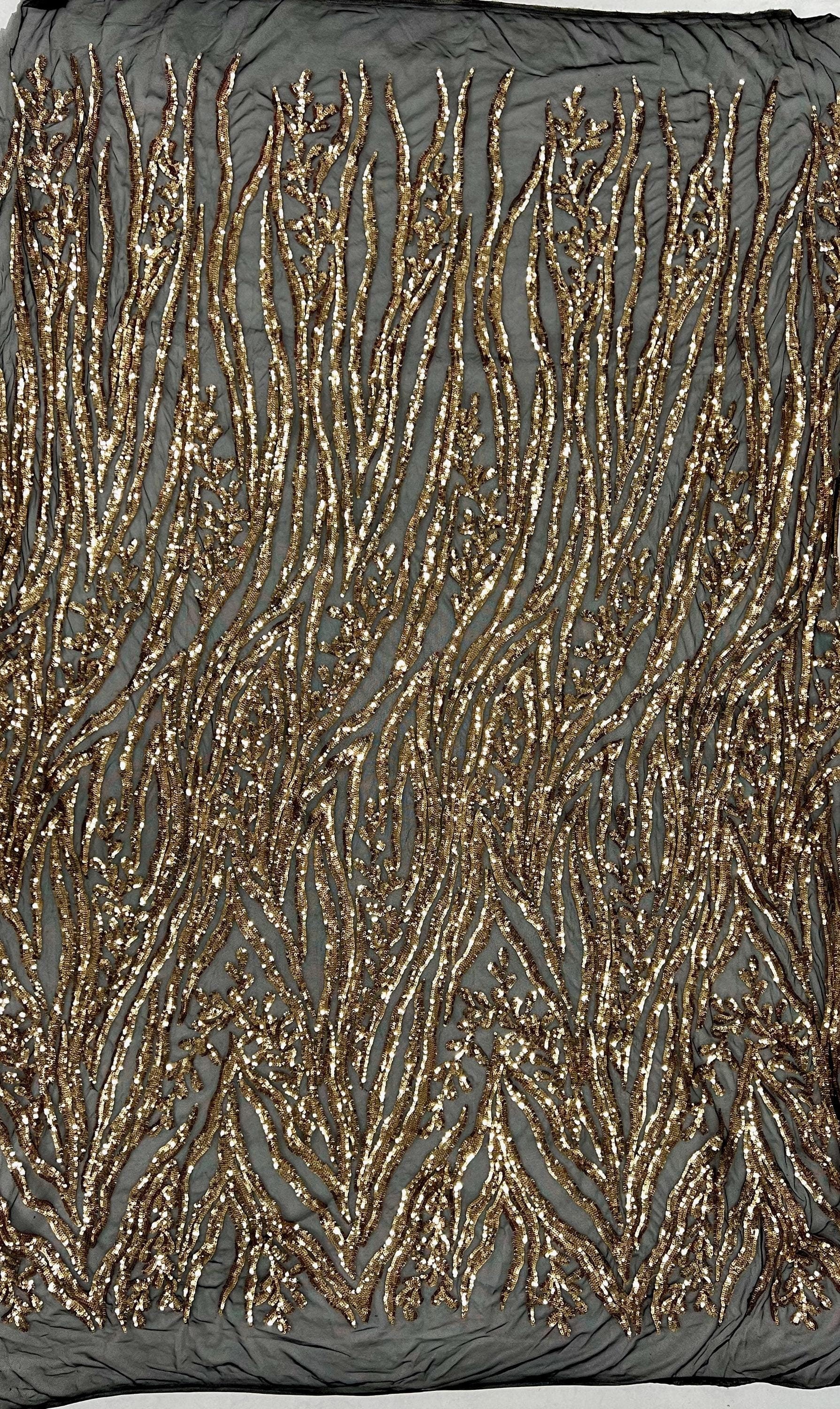 Willow GOLD Sequins on BLACK Stretch Mesh Lace Fabric by the Yard