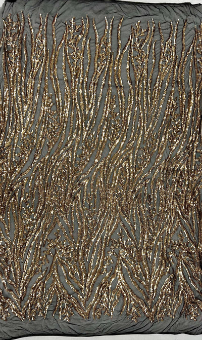 Willow GOLD Sequins on BLACK Stretch Mesh Lace Fabric by the Yard