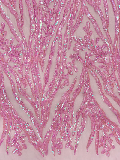 Willow IRIDESCENT PINK Sequins on PINK Stretch Mesh Lace Fabric by the Yard