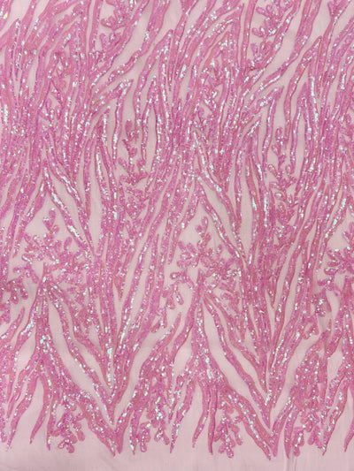 Willow IRIDESCENT PINK Sequins on PINK Stretch Mesh Lace Fabric by the Yard