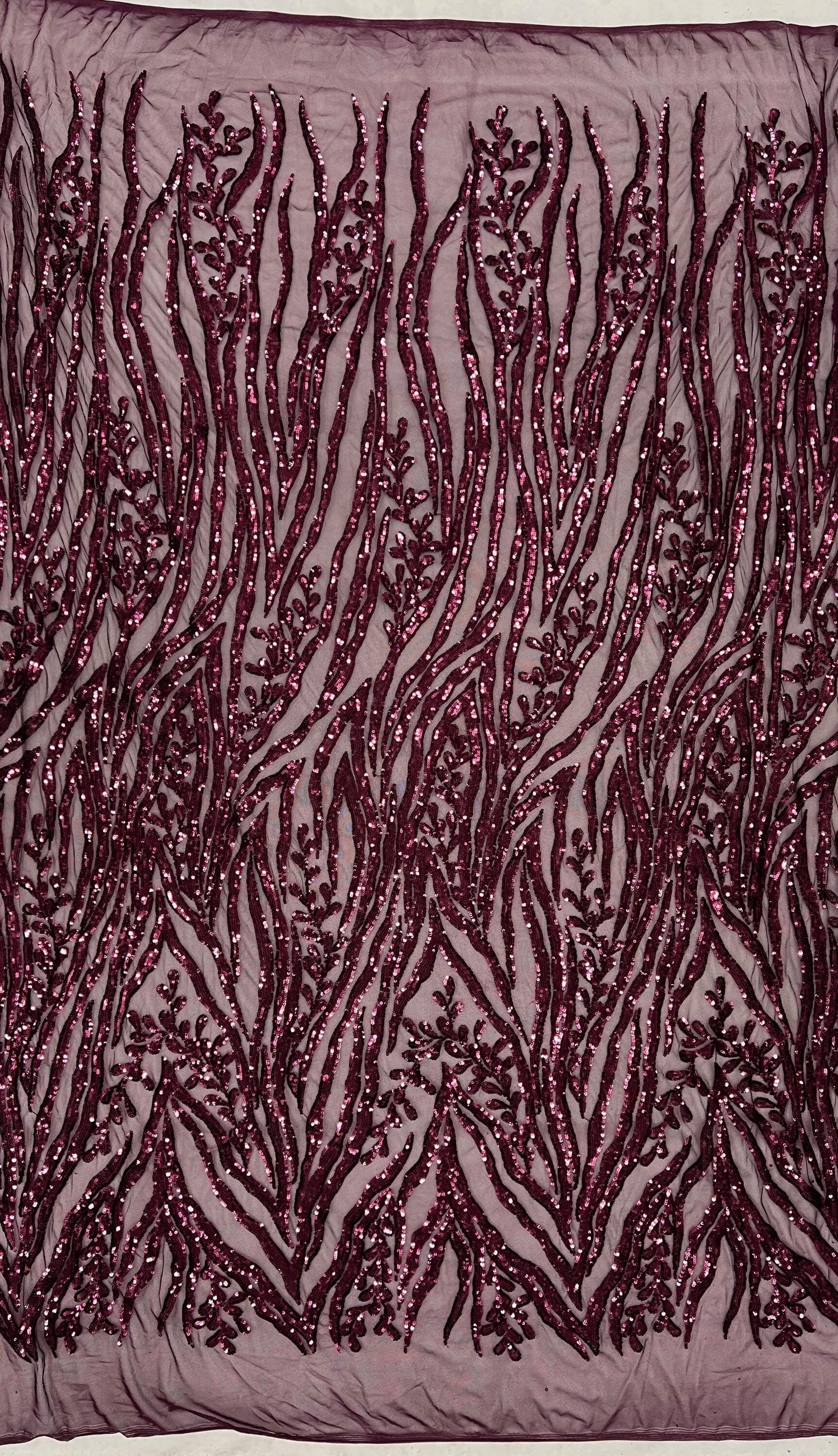 Willow PLUM Sequins on Stretch Mesh Lace Fabric by the Yard