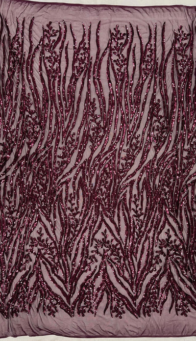 Willow PLUM Sequins on Stretch Mesh Lace Fabric by the Yard
