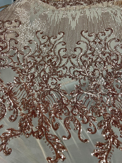 Angelica BRONZE Curlicues and Leaves Sequins on Mesh Lace Fabric by the Yard - 10132