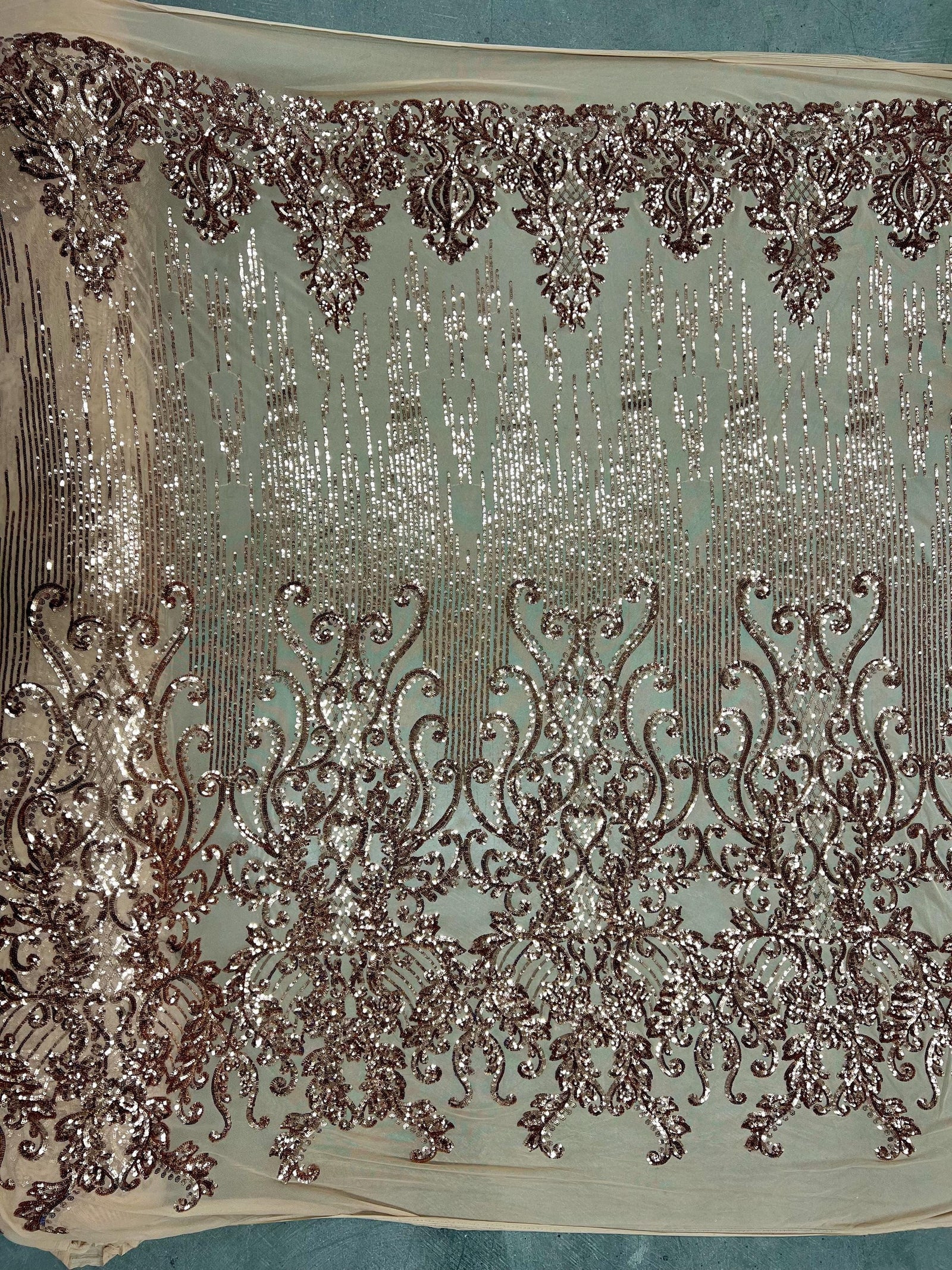 Angelica BRONZE Curlicues and Leaves Sequins on Mesh Lace Fabric by the Yard - 10132