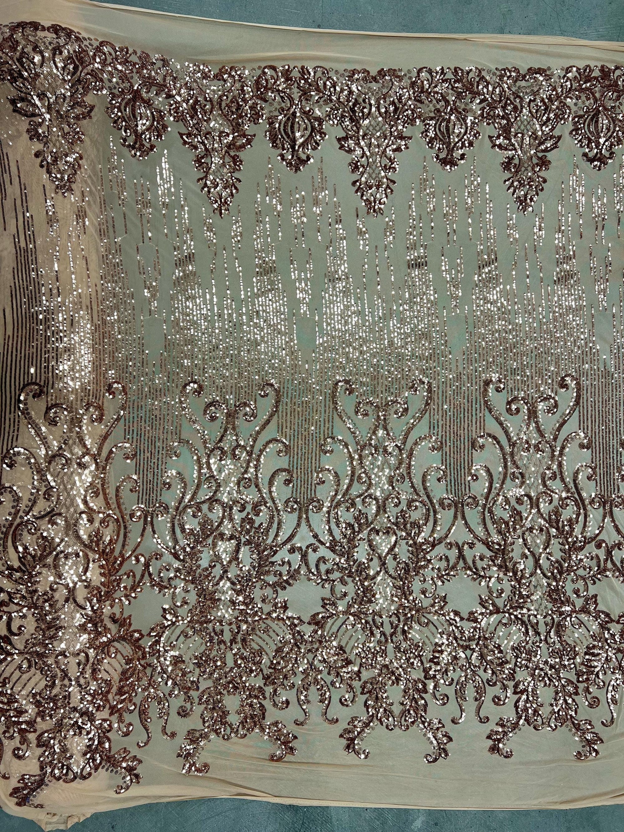 Angelica BRONZE Curlicues and Leaves Sequins on Mesh Lace Fabric by the Yard - 10132