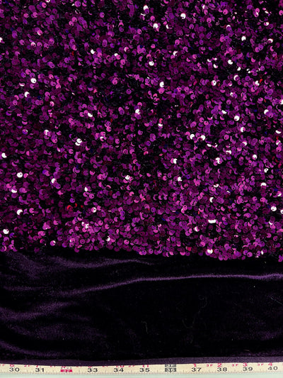 Stephanie EGGPLANT Overlap Sequins on PLUM Stretch Velvet Fabric by the Yard for Gowns, Apparel, Costumes, Crafts - 10185