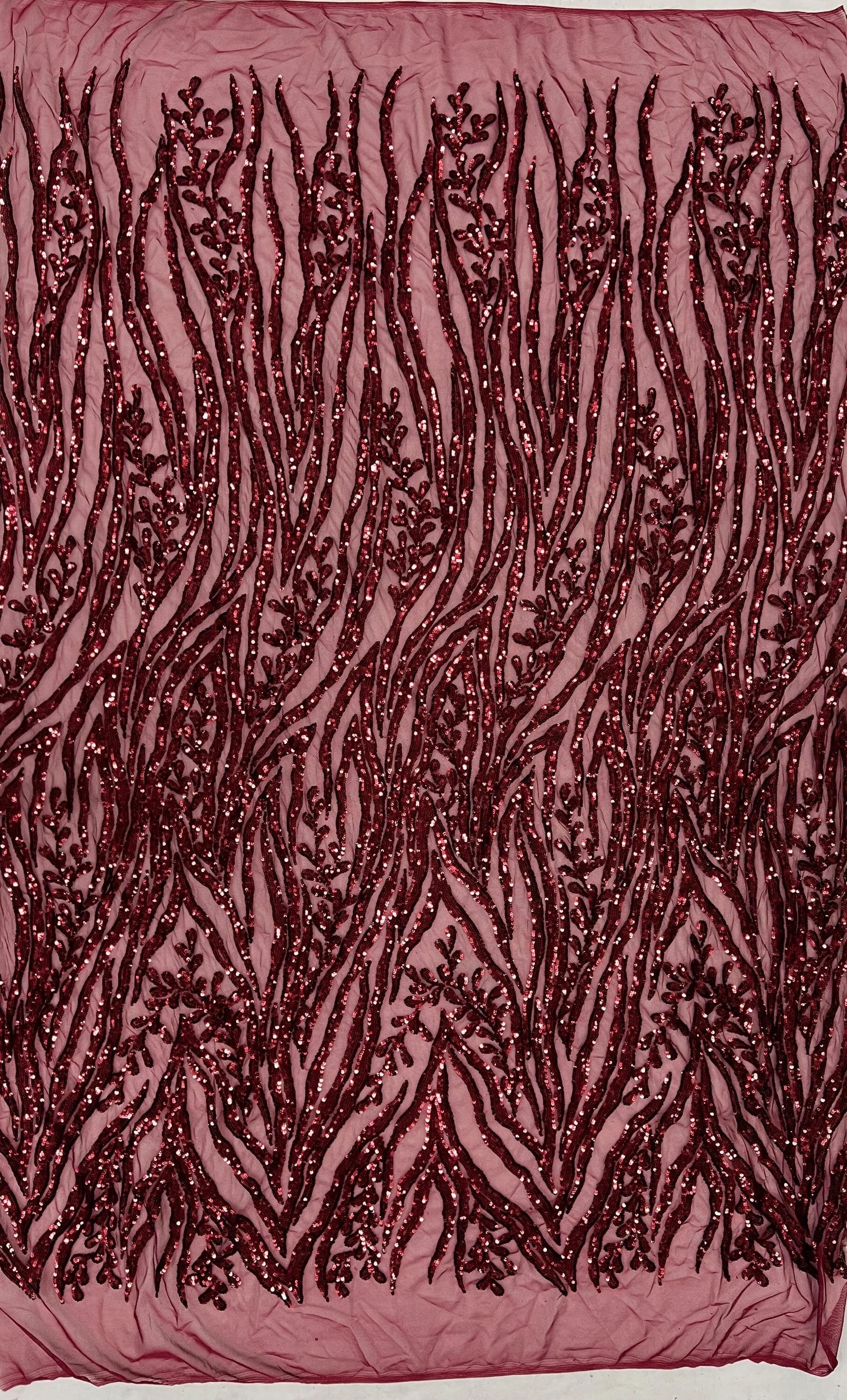 Willow BURGUNDY Sequins on Stretch Mesh Lace Fabric by the Yard