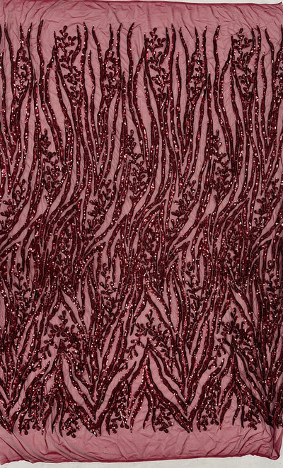 Willow BURGUNDY Sequins on Stretch Mesh Lace Fabric by the Yard
