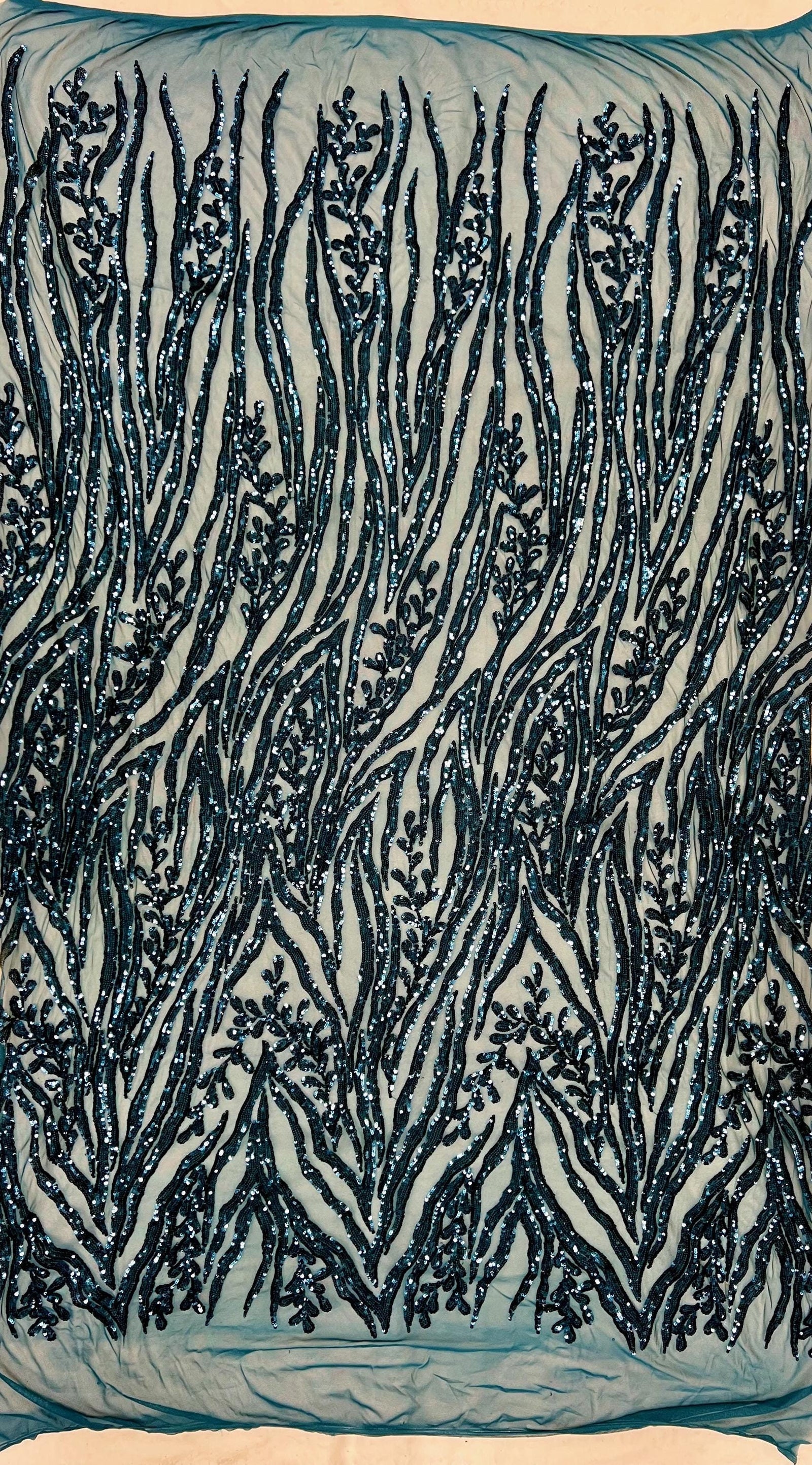 Willow DARK TURQUOISE Sequins on Stretch Mesh Lace Fabric by the Yard