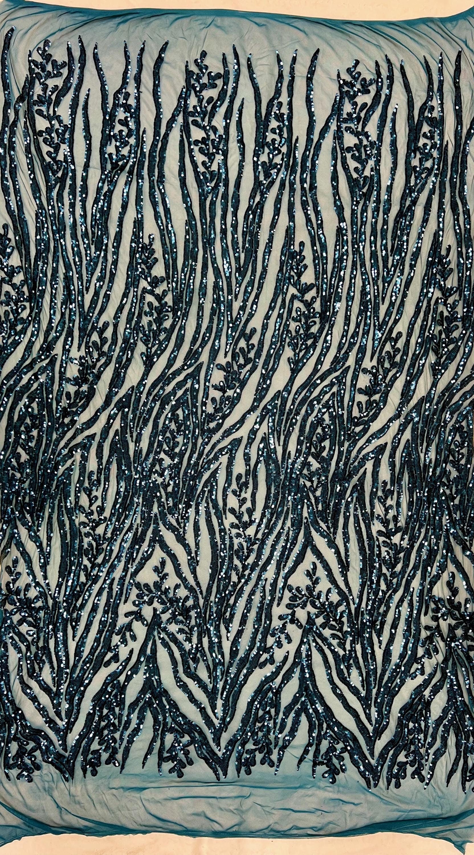 Willow DARK TURQUOISE Sequins on Stretch Mesh Lace Fabric by the Yard