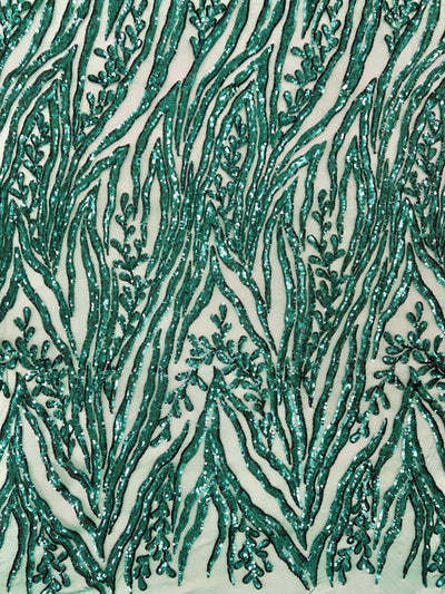 Willow EMERALD GREEN Sequins on Stretch Mesh Lace Fabric by the Yard