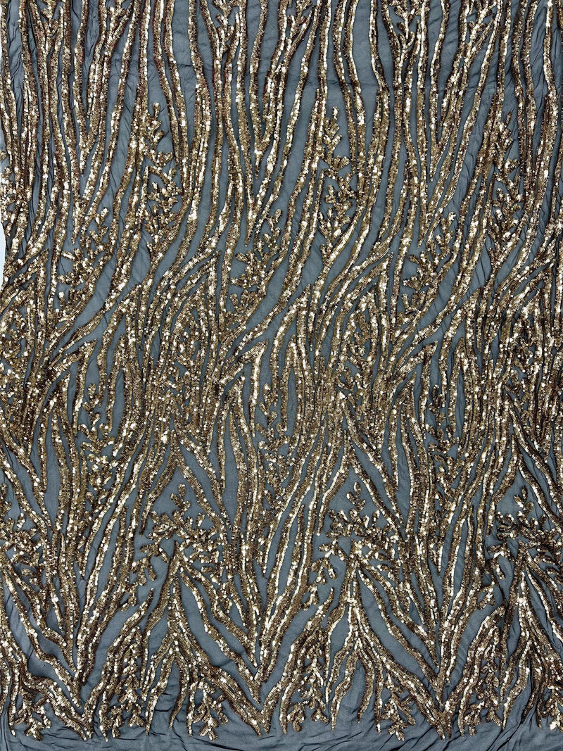 Willow GOLD Sequins on BLACK Stretch Mesh Lace Fabric by the Yard
