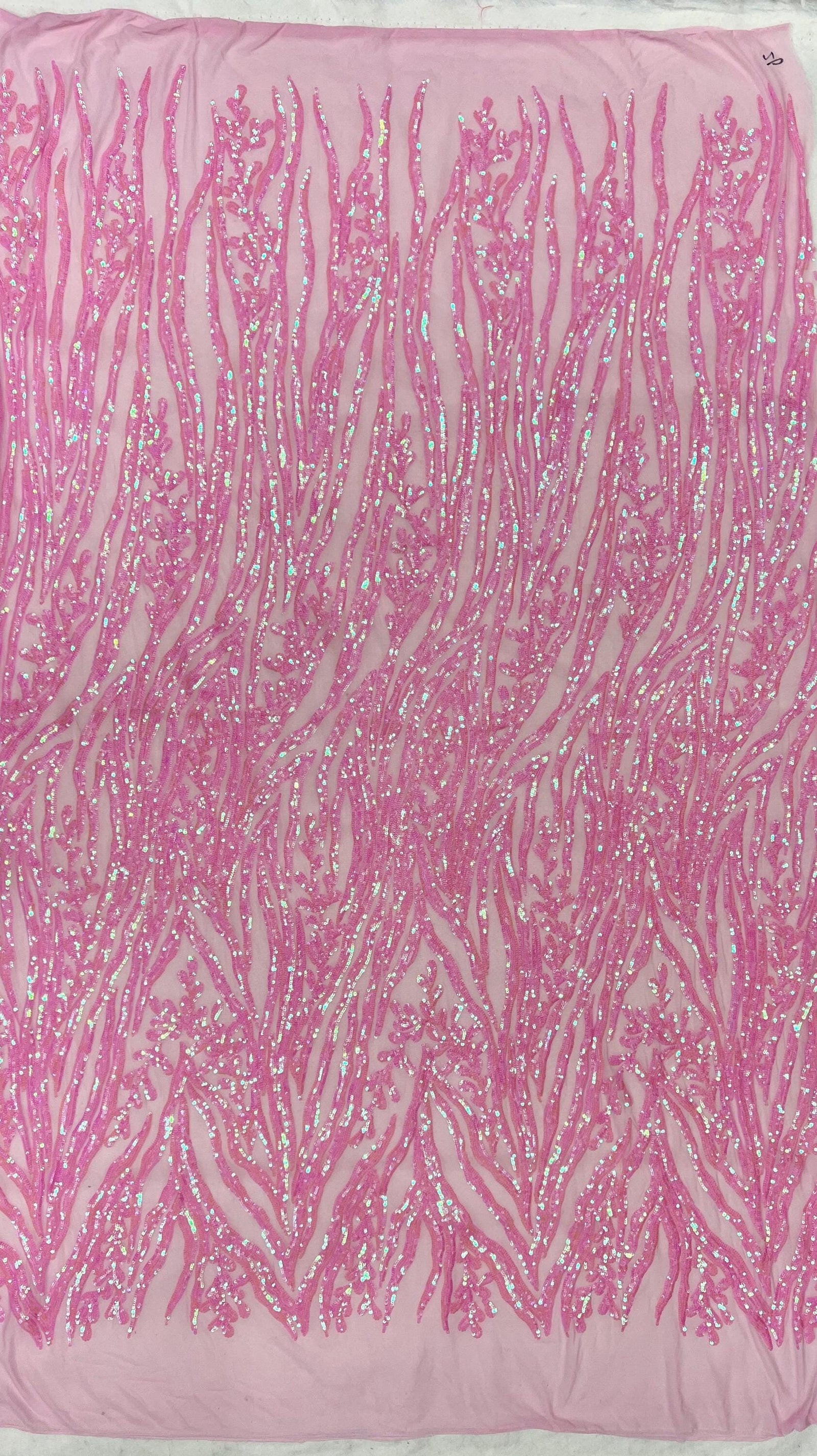 Willow IRIDESCENT PINK Sequins on PINK Stretch Mesh Lace Fabric by the Yard