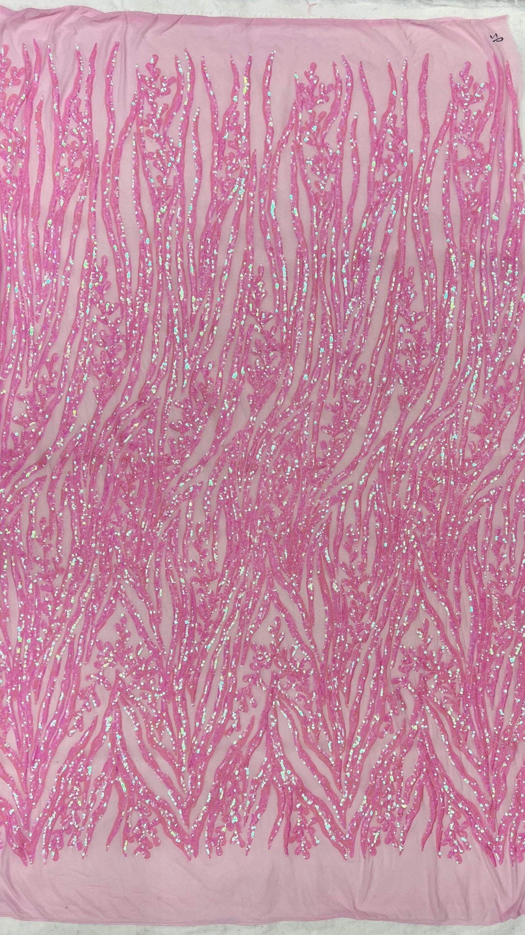 Willow IRIDESCENT PINK Sequins on PINK Stretch Mesh Lace Fabric by the Yard
