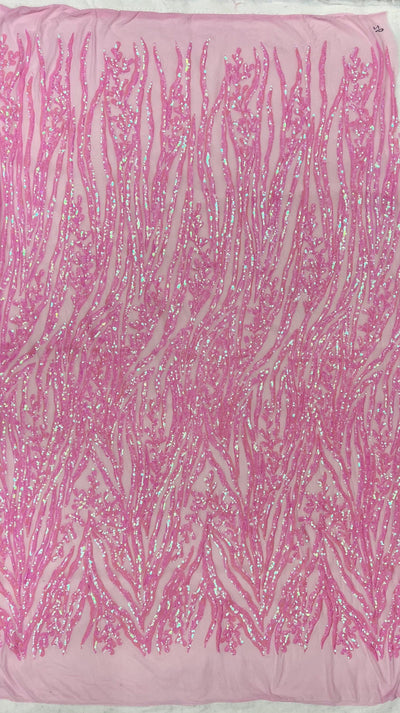 Willow IRIDESCENT PINK Sequins on PINK Stretch Mesh Lace Fabric by the Yard