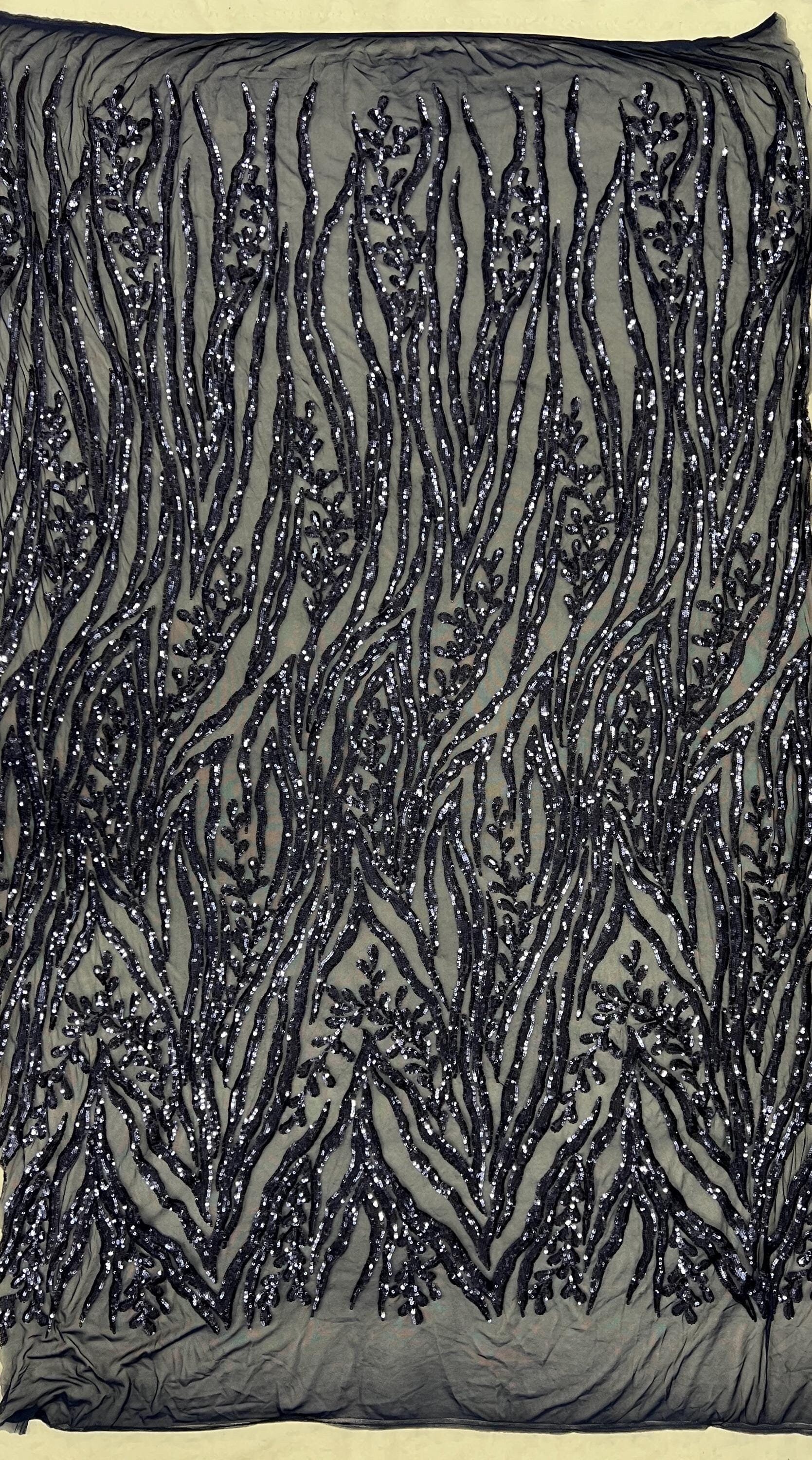 Willow NAVY BLUE Sequins on Stretch Mesh Lace Fabric by the Yard