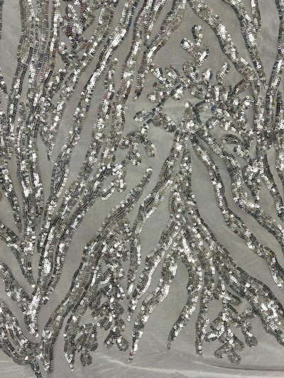 Willow SILVER Sequins on WHITE Stretch Mesh Lace Fabric by the Yard