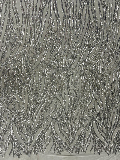 Willow SILVER Sequins on WHITE Stretch Mesh Lace Fabric by the Yard