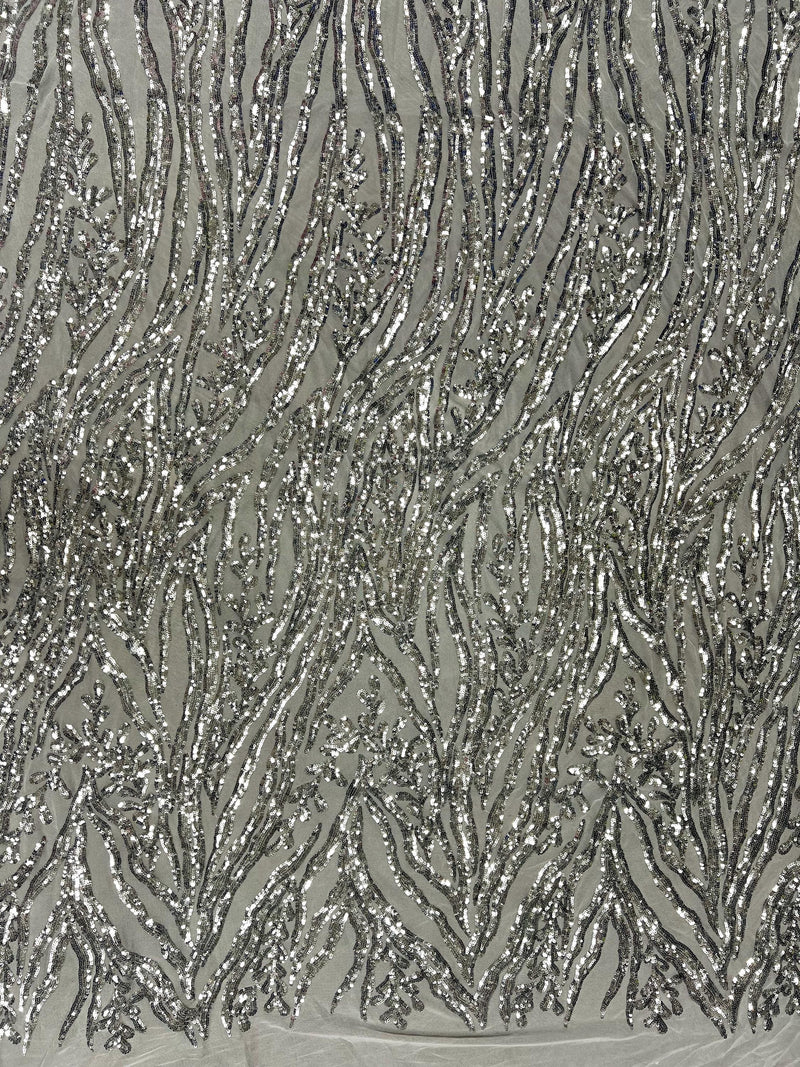 Willow SILVER Sequins on WHITE Stretch Mesh Lace Fabric by the Yard