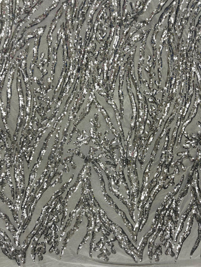 Willow SILVER Sequins on WHITE Stretch Mesh Lace Fabric by the Yard