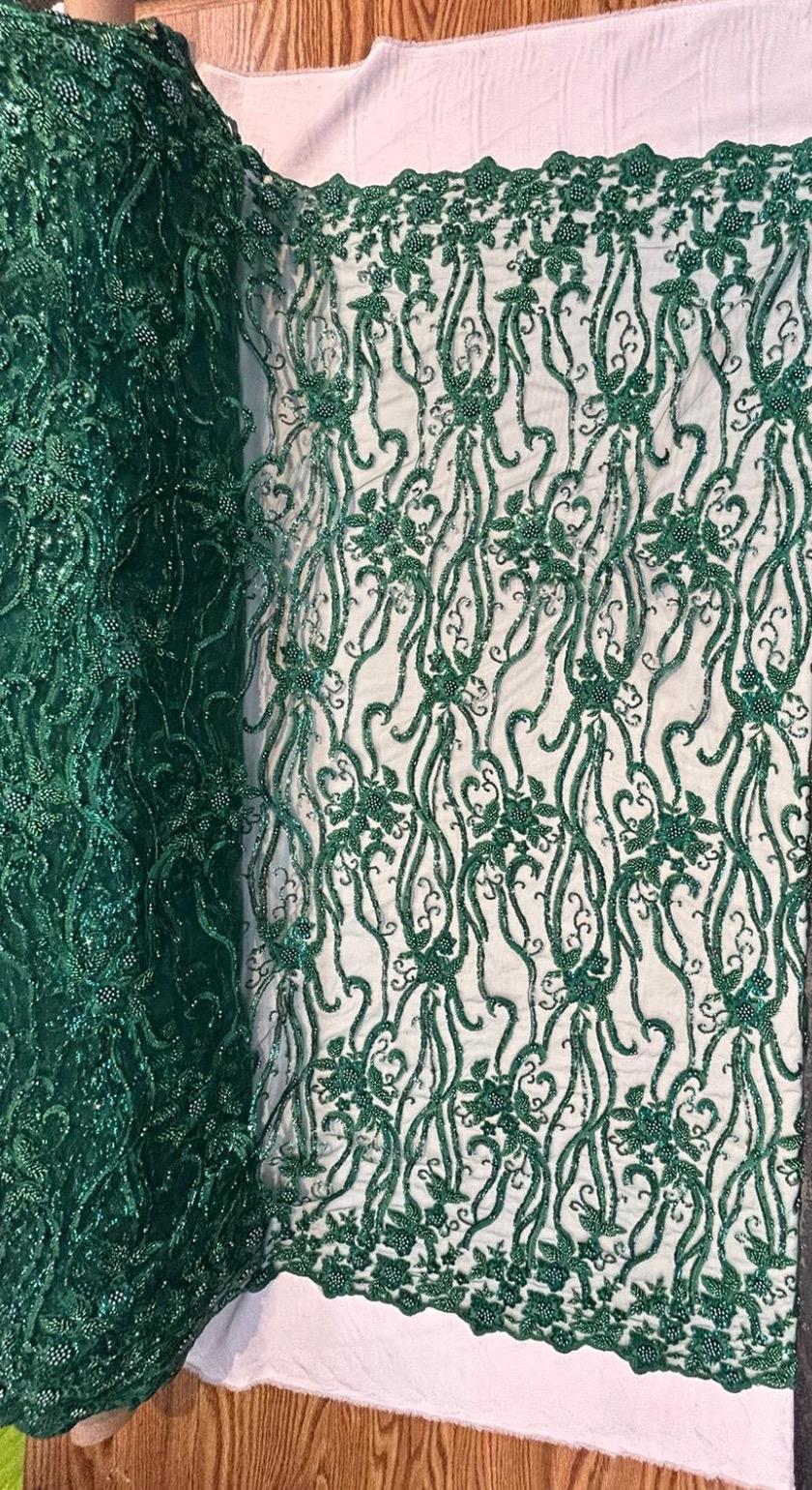 Zoya HUNTER GREEN Embroidered Mesh Lace with Faux Pearls and Beads Fabric