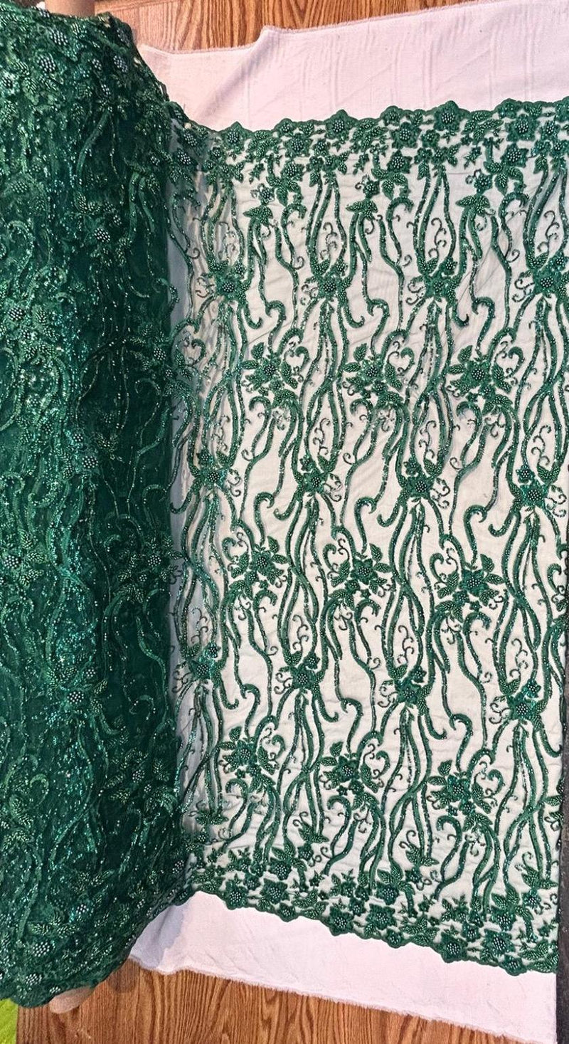 Zoya HUNTER GREEN Embroidered Mesh Lace with Faux Pearls and Beads Fabric