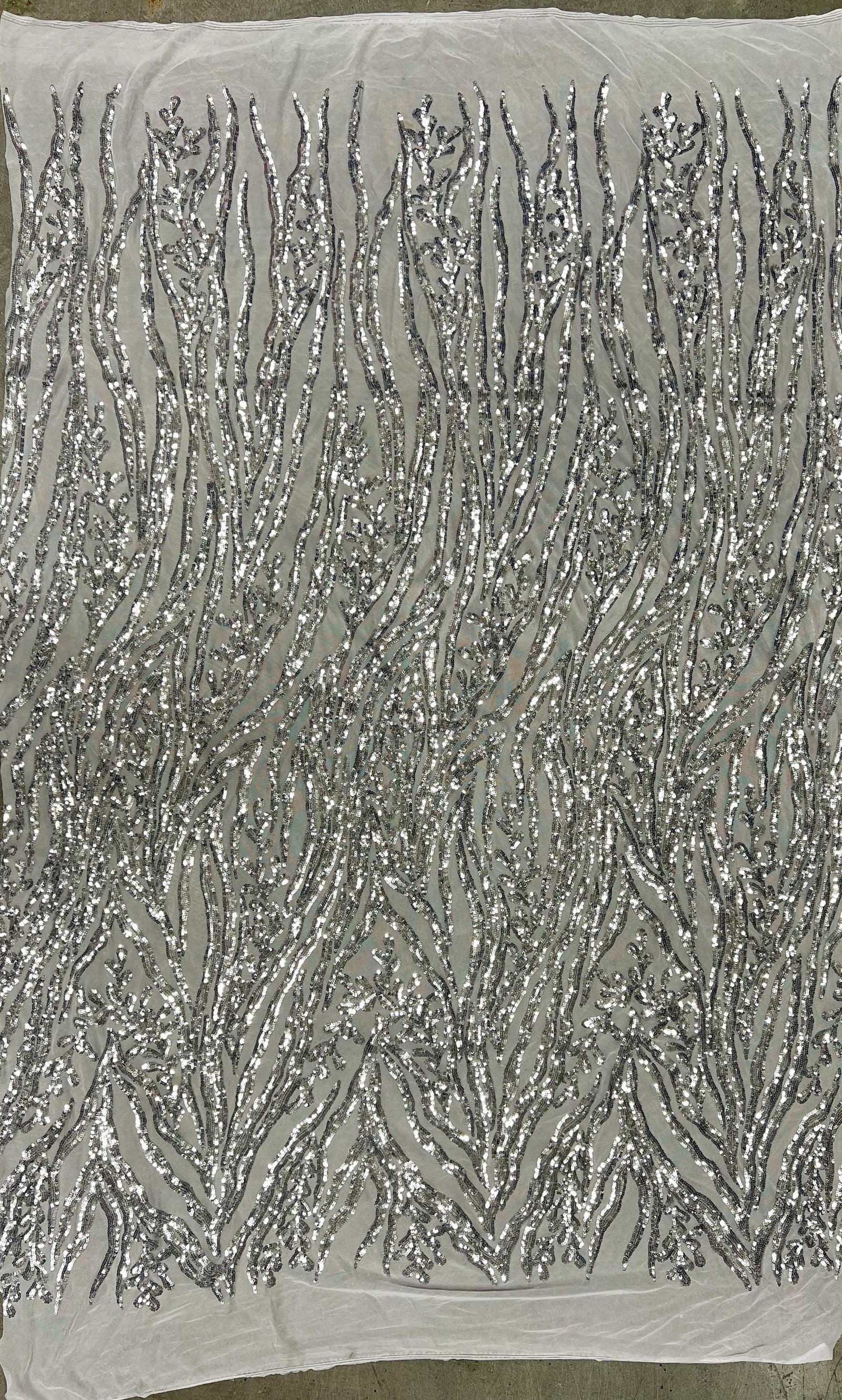 Willow SILVER Sequins on WHITE Stretch Mesh Lace Fabric by the Yard