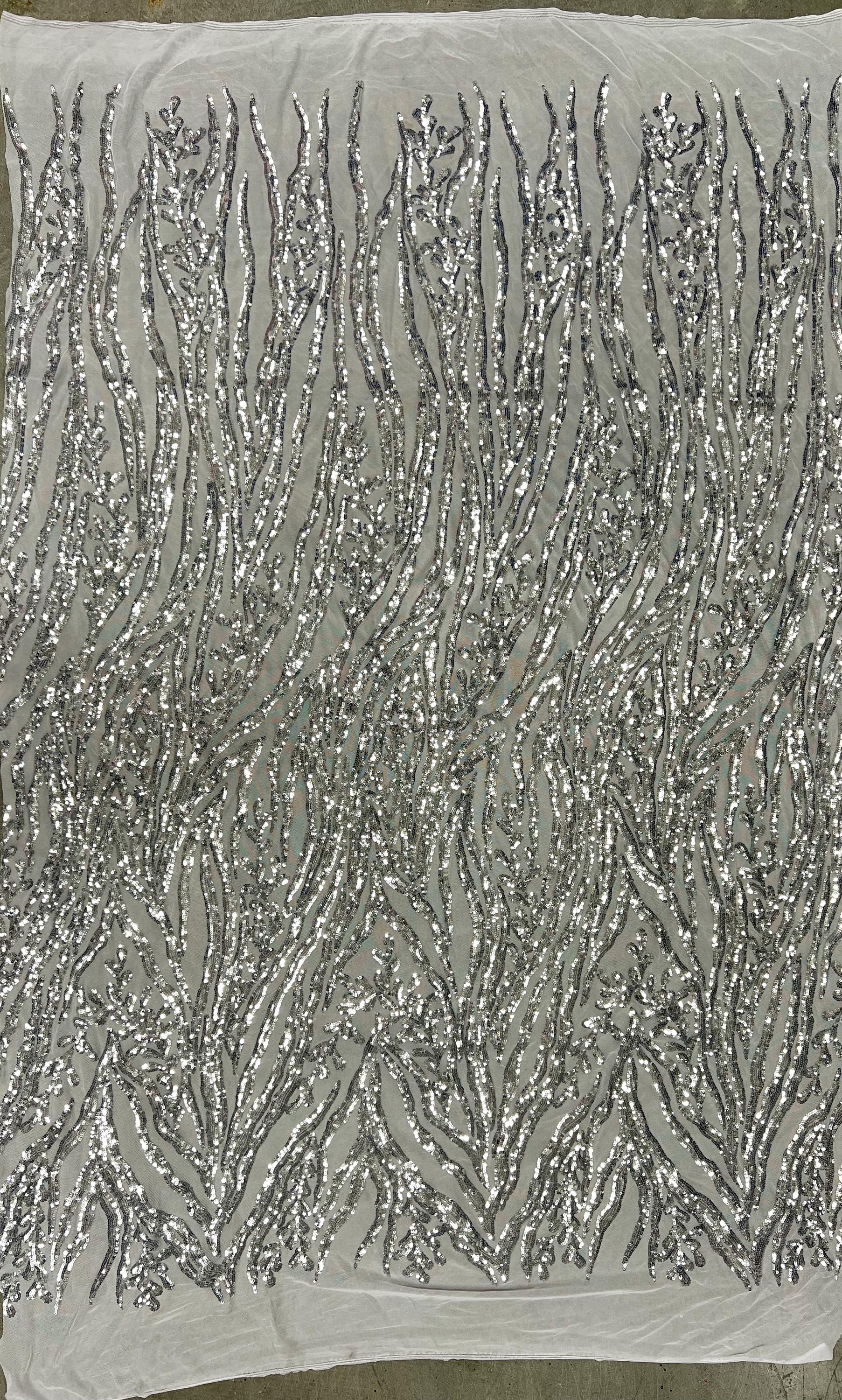 Willow SILVER Sequins on WHITE Stretch Mesh Lace Fabric by the Yard