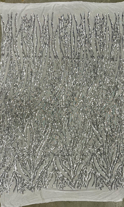 Willow SILVER Sequins on WHITE Stretch Mesh Lace Fabric by the Yard